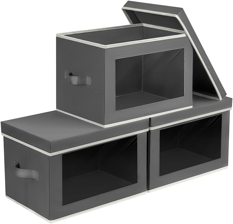 Homsorout Storage Bins with Lids - Fabric Storage Boxe with Window. Collapsible Closet Organizers with Handles. 3 Pack Decorative Bin. Home Cubes Baskets for Clothes. Hat. Books. Dark Grey