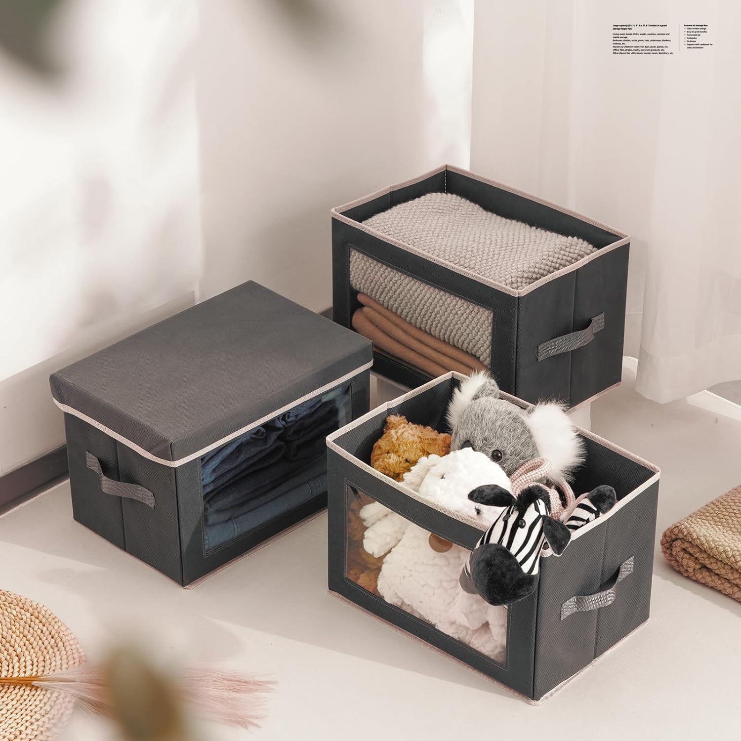 Homsorout Storage Bins with Lids - Fabric Storage Boxe with Window. Collapsible Closet Organizers with Handles. 3 Pack Decorative Bin. Home Cubes Baskets for Clothes. Hat. Books. Dark Grey - Image 5